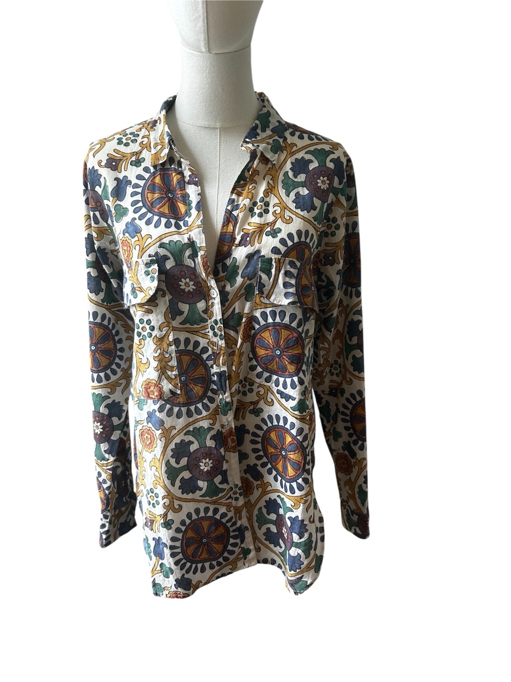 Roberta Roller Rabbit paisley cotton buttondown. Batik style print.